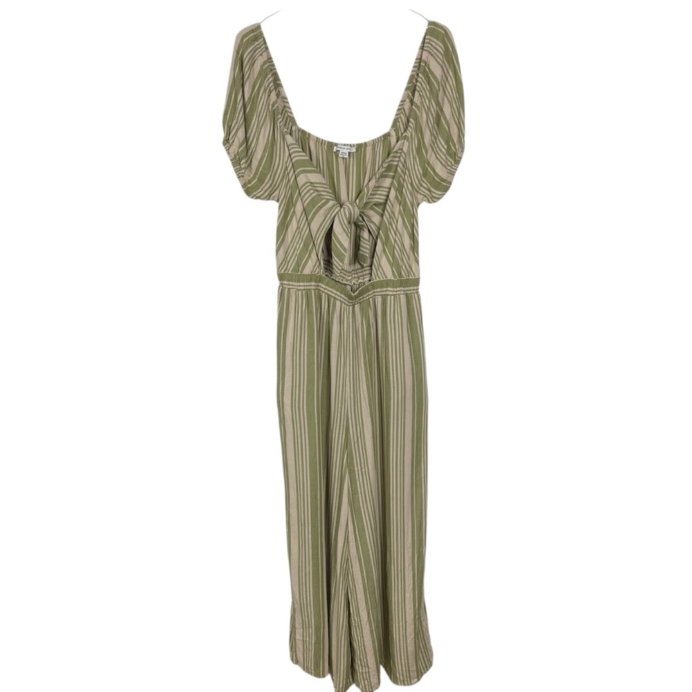 American Eagle Striped Jumpsuit Linen Blend Green Beige Wide Leg Size Medium